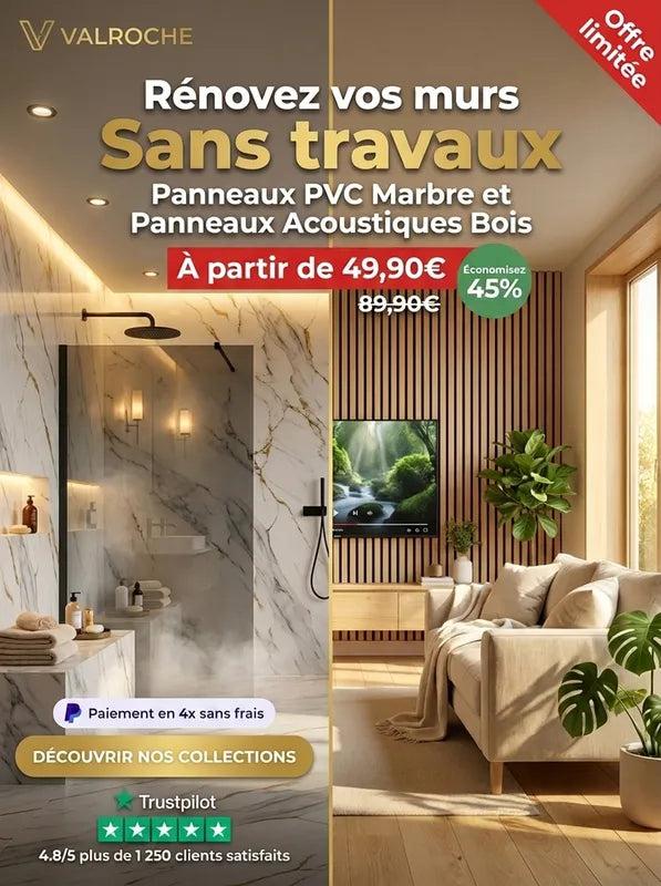 Publicité Val Roche : panneaux PVC marbre et acoustiques bois