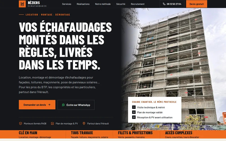 Aperçu de la page d'accueil du site Béziers Échafaudages