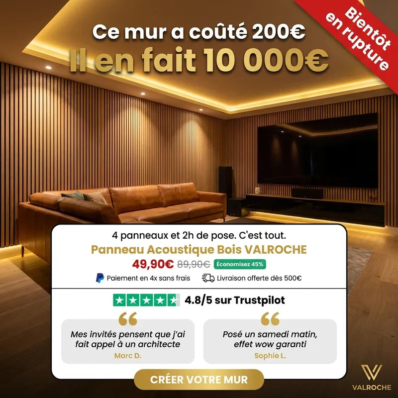 Publicité Val Roche : panneaux acoustiques en bois dans un salon